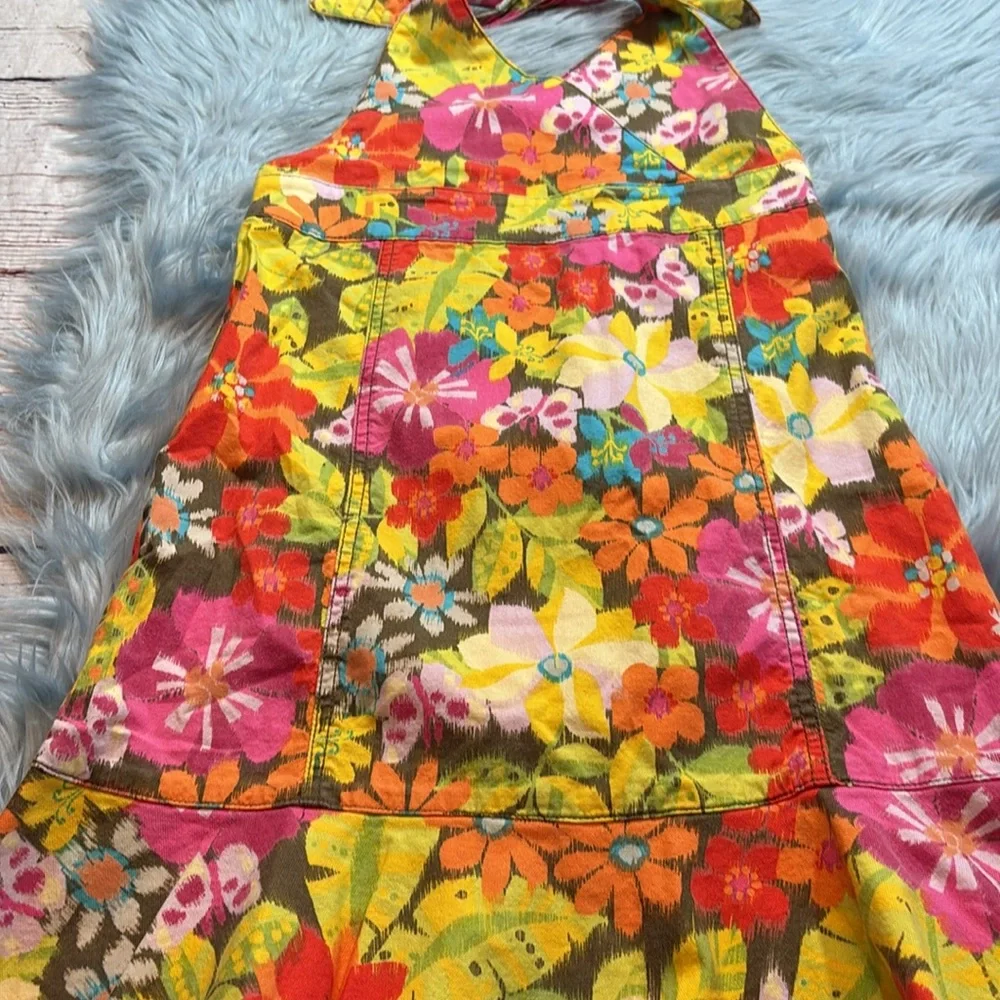 The Children’s Place Stretch Retro Floral Frayed Layer Halter Denim Dress sz 10